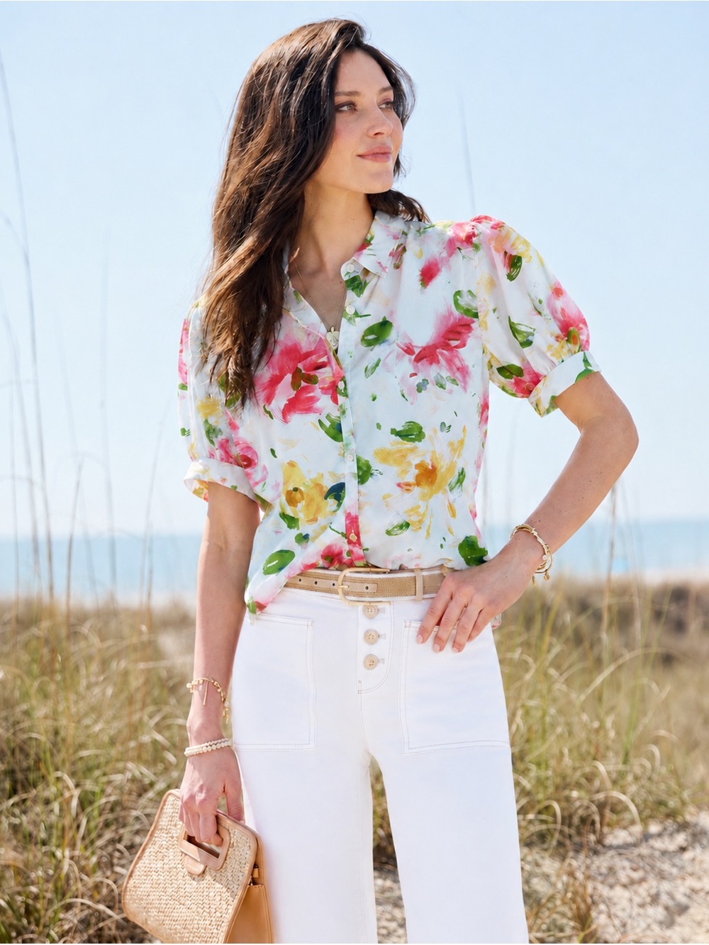 Lauren Ralph Lauren Small Watercolor Floral Cotton Button Front Shirt